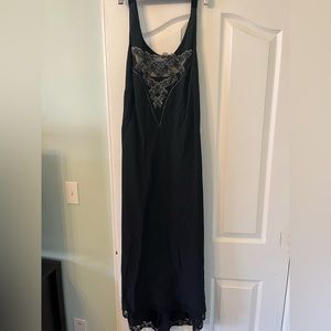 Black Silk Italian Lace-Trim Embellished Evening Gown